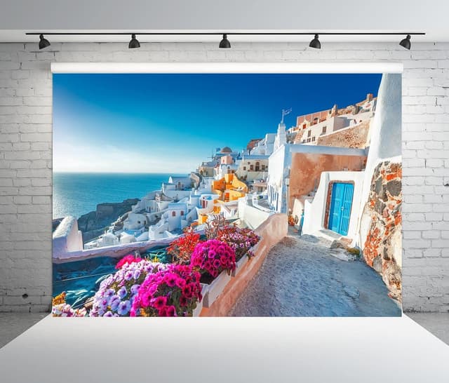 Detalle de BELECO 2.1 x 1.5m Greece Santorini Island Fabric Backdrop (White Houses & Aegean Sea)