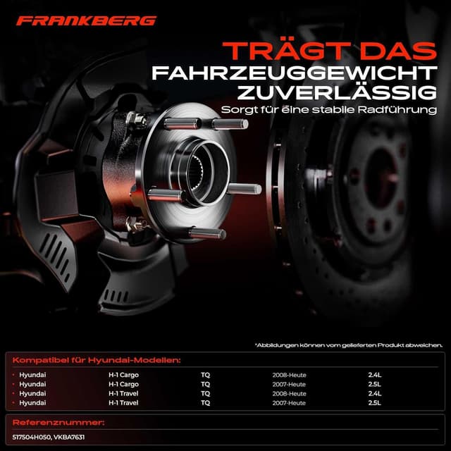 Detalle de Frankberg 1x Radnabe Radlagersatz mit ABS-Sensorring für H-1 Cargo/Travel TQ (2.4L/2.5L, 2007–2021) – Ersatz 517504H050