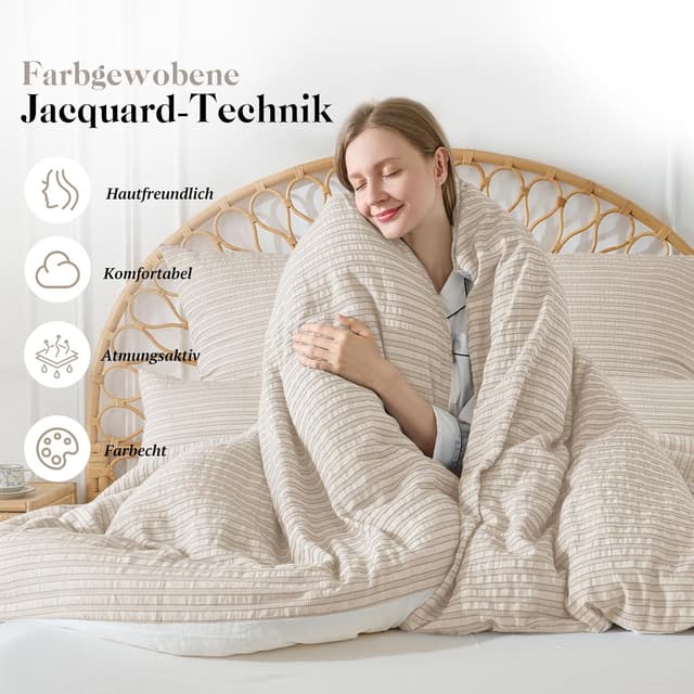 Detalle de SOULFUL Bettwäsche-Set 135x200 aus Baumwolle (gestreift, Jacquard) – beige mit OEKO-TEX 100