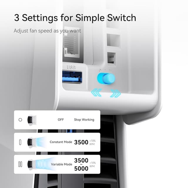 Detalle 2 de Lüfter für PS5 Slim – automatischer Geschwindigkeitsmodus mit LED & USB 3.0-Hub (weiß), passend für Disc & Digital, nicht für PS5 Pro