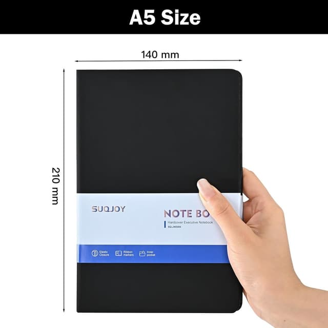 Detalle de SUQJOY 4 Pack A5 Lined Hardback Notebook Set (100gsm, 160 pages each) – Black