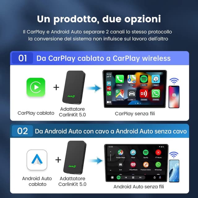 Detalle de Carlinkit 5.0 CarPlay Wireless e Android Auto 2 in 1 (versione 2026) per auto dal 2016