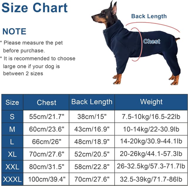 Detalle de Leberna Cosy Fleece Full-Body Dog Coat (Adjustable Jumpsuit) – Navy Blue, 2XL