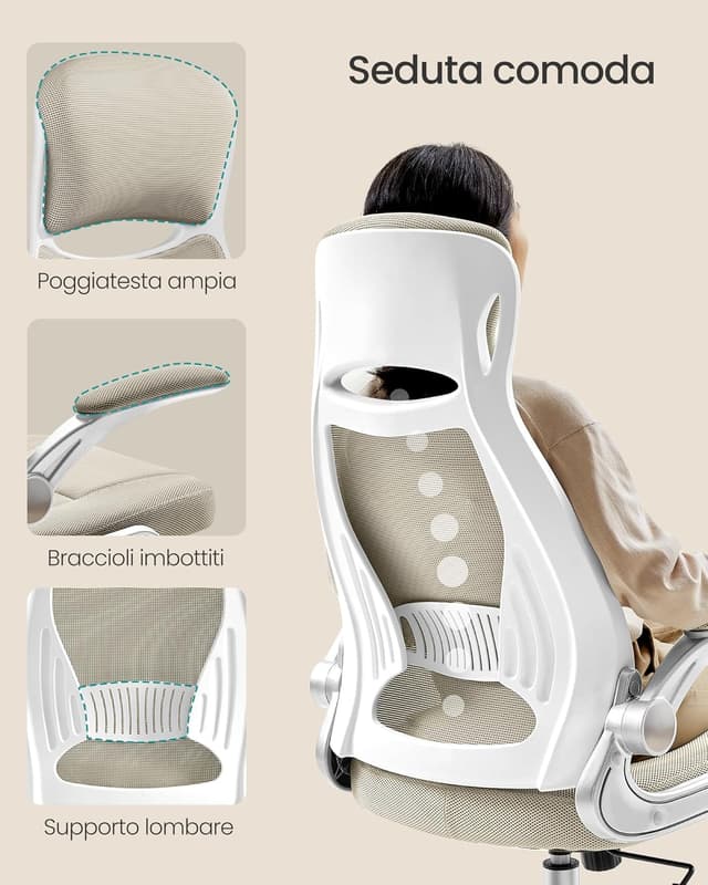 Detalle 2 de SONGMICS Sedia da Ufficio OBN086K01 Beige Cappuccino con poltrona girevole, braccioli ribaltabili e poggiatesta