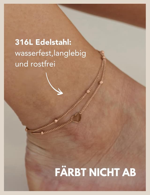 Detalle de Gd. GOOD.designs Fußkettchen Herz für Damen (EST. 2015) – wasserfest, mehrreihig & verstellbar aus Edelstahl