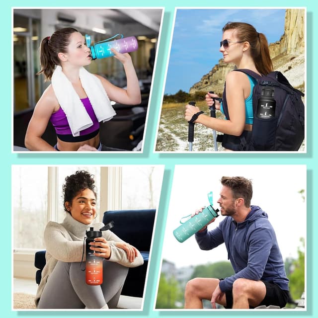 Detalle de Baramumu Borraccia Sport 1000 ml senza BPA con indicatore del tempo e citazioni motivazionali – blu & verde