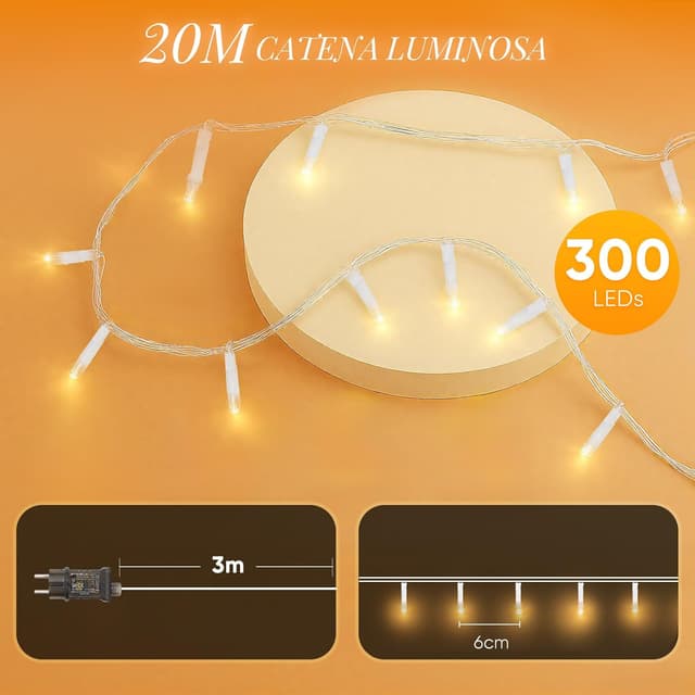 Detalle 2 de SALCAR Luci Natalizie con telecomando, 20 m e 300 LED, IP44 (bianco caldo)