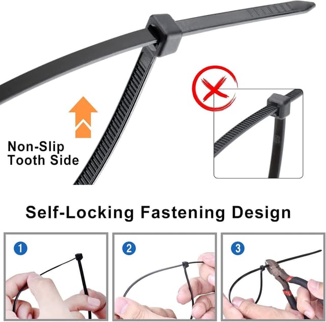 Detalle de 12 inch Cable Ties 1000 Pack (Black) – 300 x 3.6mm Nylon Zip Ties, UV Resistant, Self-Locking