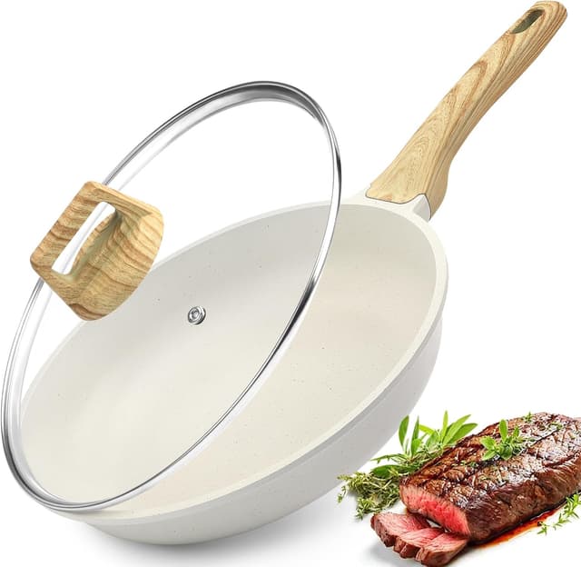 Detalle de GiPP Nonstick Skillet Frying Pan with Lid (White Granite Effect), 28cm+ Lid, PFOA-free