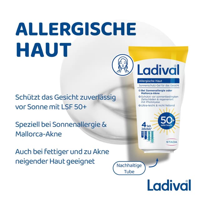 Detalle de Ladival Sonnenschutz Gel Gesicht LSF 50+ für allergische Haut & Mallorca-Akne (wasserfest) – 50 ml