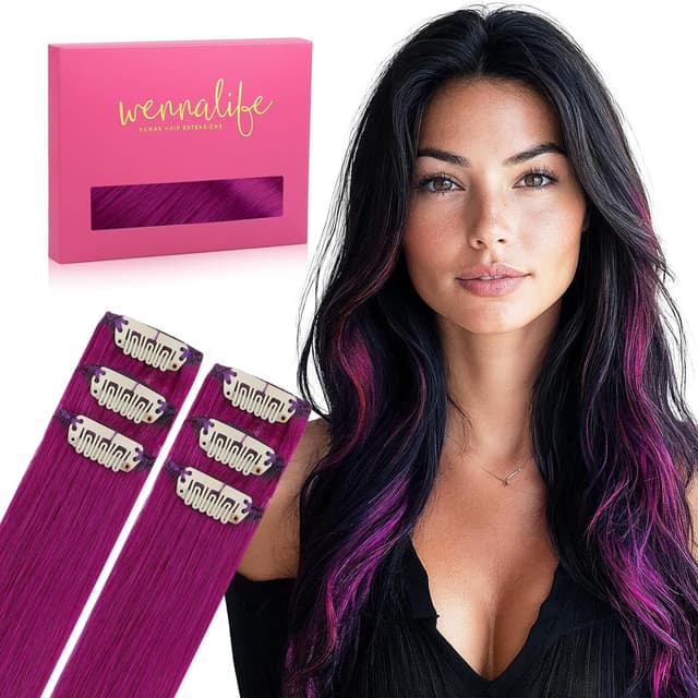 Detalle de WENNALIFE Violett Clip-in Extensions Echthaar (50 cm, 6 Stück/30 g) – Remy-Haar mit Clip-Technik