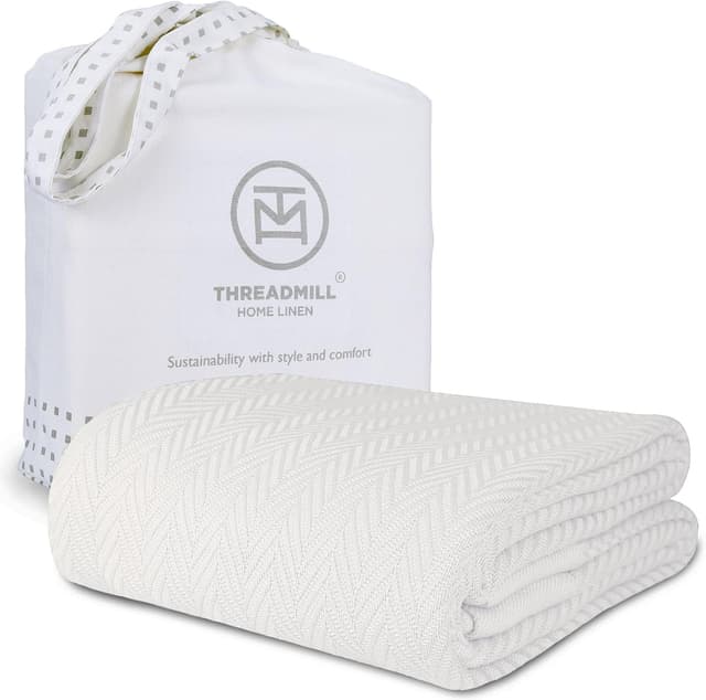 Detalle de Threadmill Home Linen Luxury 100% Cotton King Blanket (Herringbone) – Tusk White, All-Season Cozy