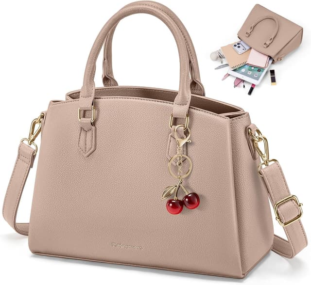 Detalle de RAINSMORE Damen-Handtasche mittelgroß aus PU mit Henkeln & abnehmbarem Schulterriemen – für bis zu 11-Zoll-Tablet, Khaki