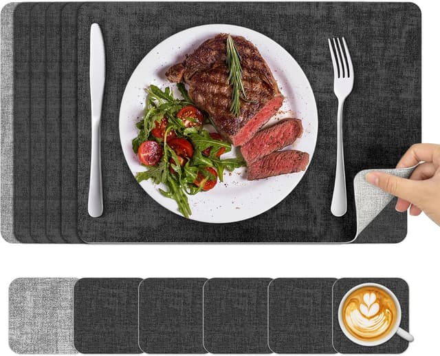 Detalle de KitchenBoss set de 6 sets de table lavables en plastique + 6 dessous de verre double face (43 x 30 cm) – imitation cuir