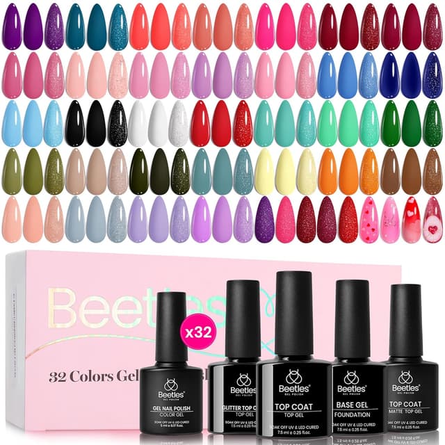 Detalle de Beetles Gel Nail Polish Set mit 36 Farben (Basis-, Decklack, Matt- und Glitzer-Topcoat)