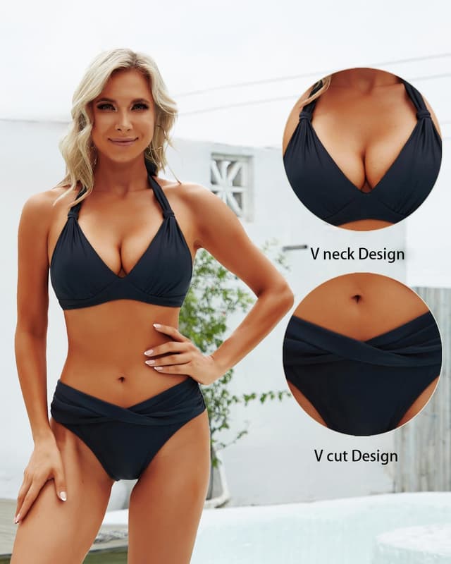 Detalle 2 de Yonique Women Two-Piece Push-Up Halter Bikini Set (Vintage Swimwear)
