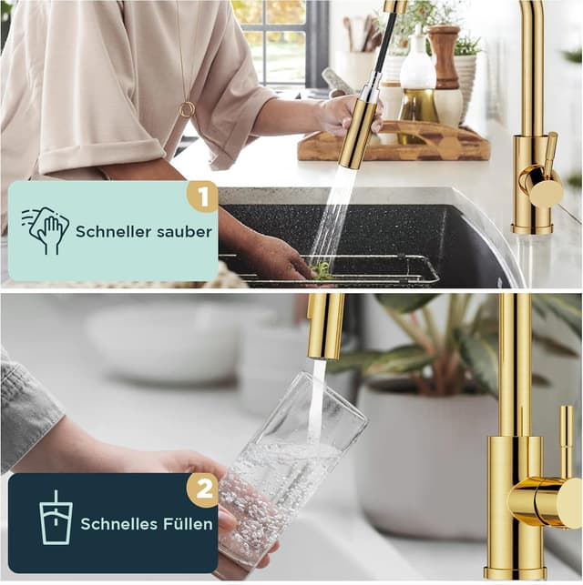Detalle 2 de FORIOUS Küchenarmatur mit hohem Bogen und 360° Schwenkbereich – ausziehbare Brause in gebürstetem Gold