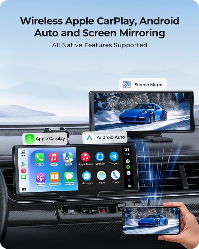 Detalle 2 de 9.26-inch Wireless Portable CarPlay Screen with Dual Dash Cam (4K Front + HD Rear) and OTA updates