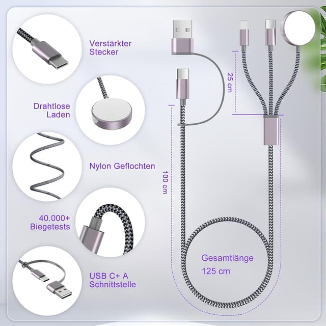 Detalle 2 de 3‑in‑1 Ladekabel 120 cm für iPhone und Apple Watch