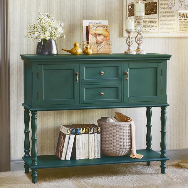 Detalle de MROJISC Tavolo consolle con cassetti e armadietto in legno verde, stile retro e neoclassico