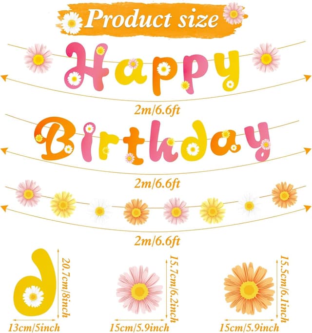Detalle de SUNBEAUTY 3er Girlande mit Gänseblümchen „Happy Birthday“ – Frühling/Party Banner für Deko