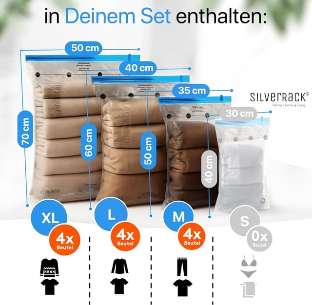 Detalle 2 de SilverRack Vakuumbeutel für Kleidung auf Reisen (12er Set) zum Rollen, 4 Größen