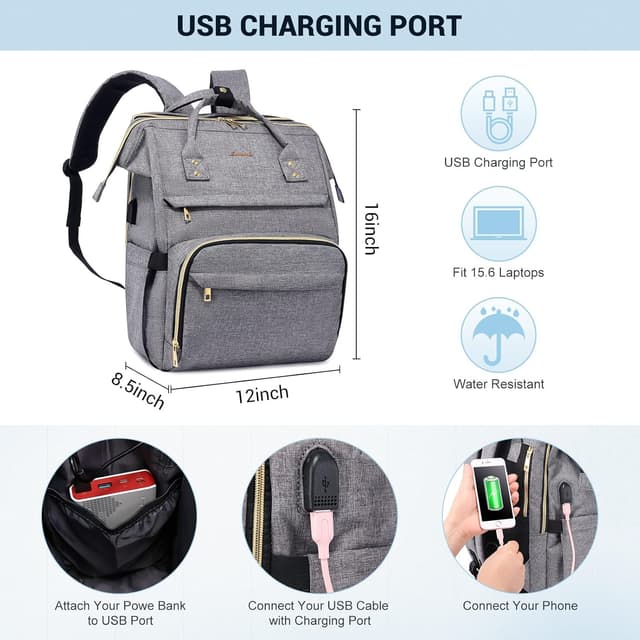 Detalle de LOVEVOOK Women’s Laptop Backpack (Grey) with USB Port, Anti-Theft Pocket – Large 15.6 Inch Work & Travel Rucksack