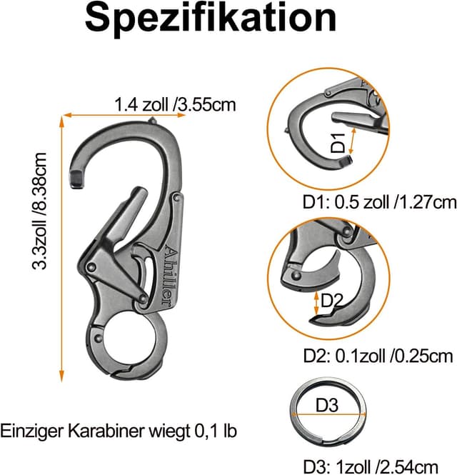 Detalle de Ahiller Karabiner-Schlüsselanhänger mit Doppelschloss, Wolframstahl-Spitze – Clip zum Einhängen und Sichern