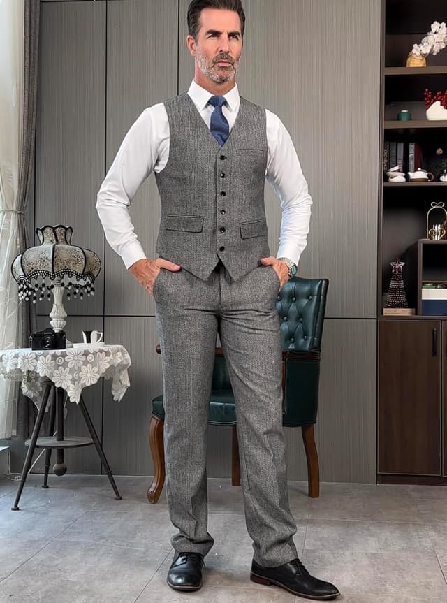 Thumbnail 1 de AeoTeokey Men’s Suit Trousers Herringbone Tweed Pleated Front