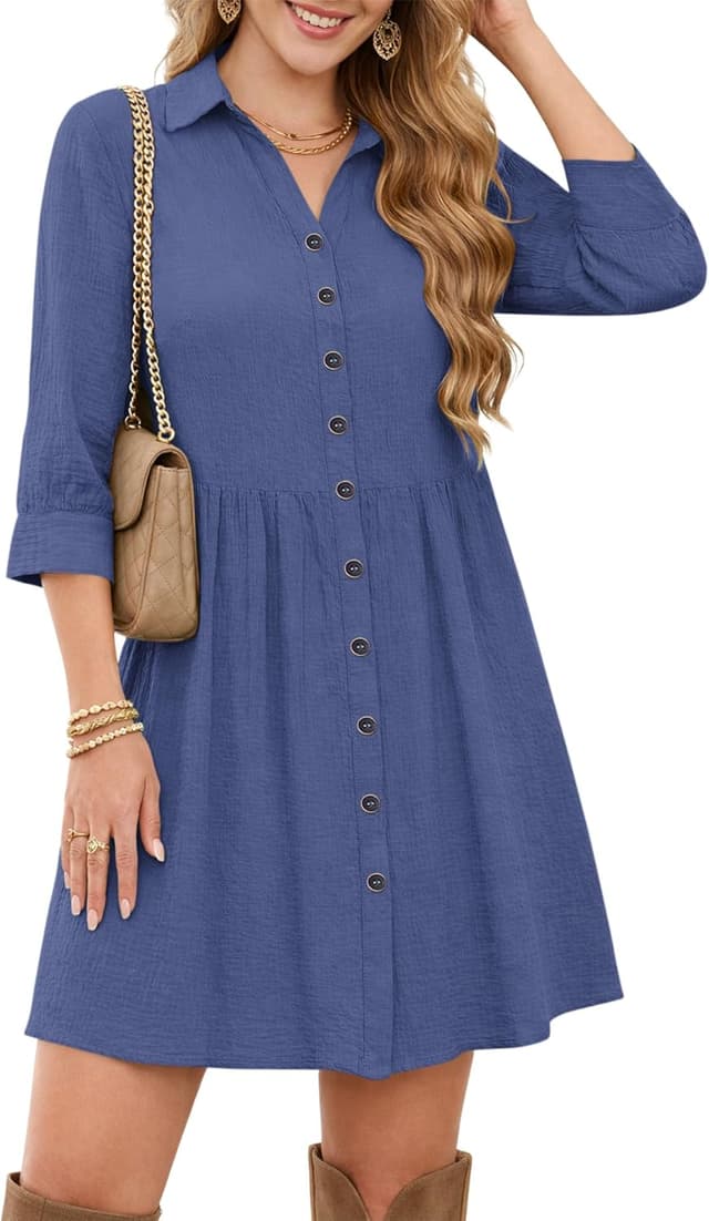 Detalle 2 de WNEEDU robe chemise femme d’été à manches 3/4, taille empire et poches (courte devant/plus longue derrière)