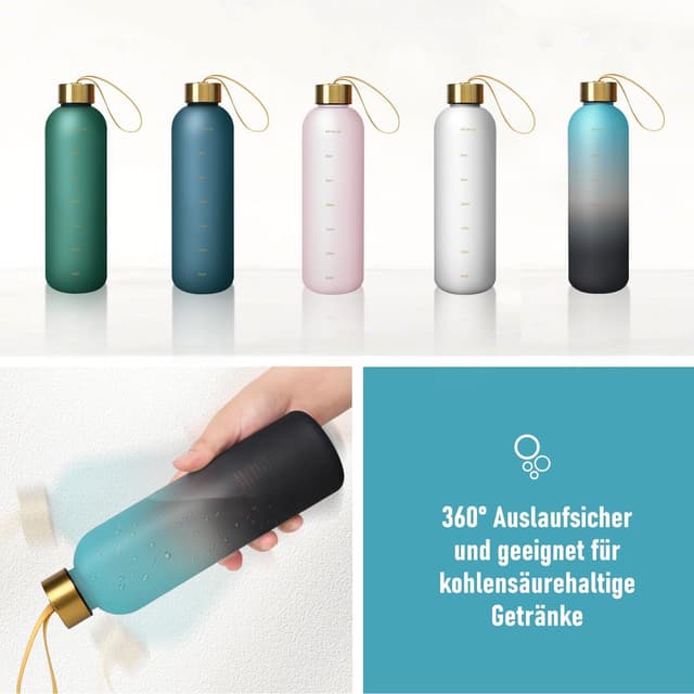 Detalle 2 de Opard Trinkflasche 1L/800ml (800ml) aus Tritan, auslaufsicher – mit Zeitmarkierung