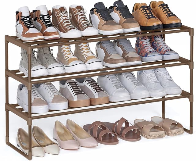 Detalle de SONGMICS 3-Tier Shoe Rack LSA303K01 (walnut brown) – stackable shoe organiser for up to 16–20 pairs