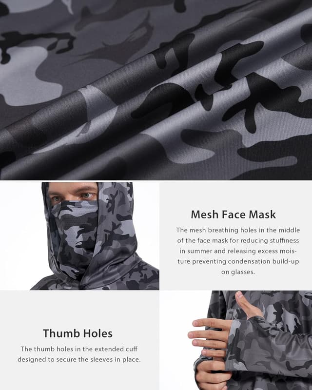 Detalle 2 de FISHEAL Men’s Performance Fishing Hoodie Shirt with UPF 50+ Sun Protection, Thumbholes & Neck Gaiter