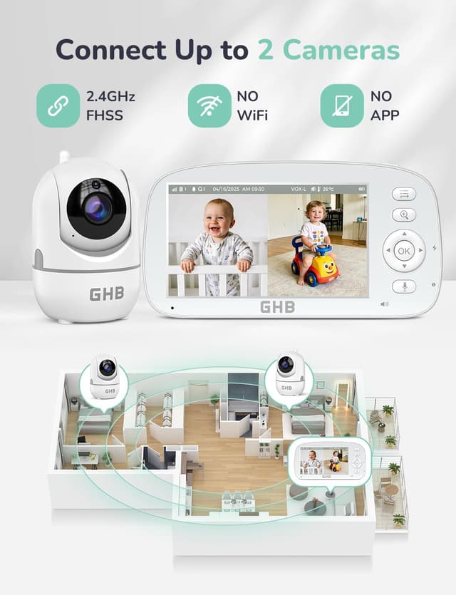 Thumbnail 6 de GHB Baby Monitor with Camera and Night Vision, 5-inch Screen, 2-way Audio & VOX – Temperature Sensor, 4x Zoom
