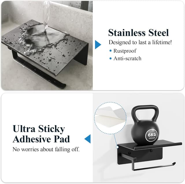 Detalle de Susswiff supporto per carta igienica nero con ripiano e fissaggio senza foratura