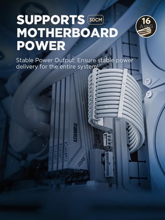 Detalle de AsiaHorse PSU Kabelverlängerungskit für 24-Pin, EPS (4+4) und PCIe (6+2) – sleeved, 16AWG, 30 cm, Snow Weiß