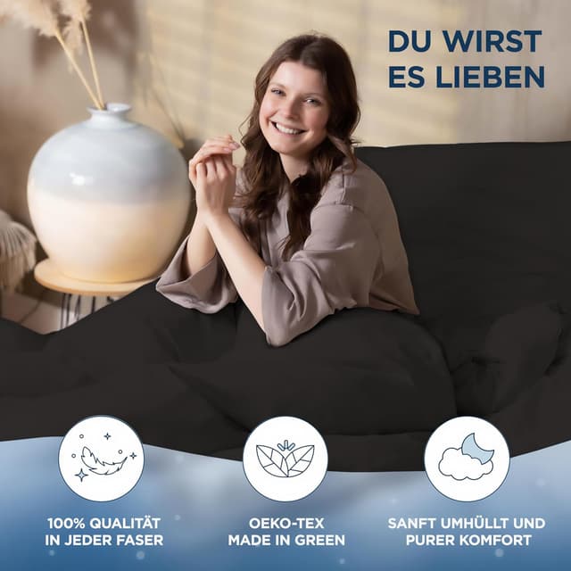 Detalle de Samthus Kopfkissenbezug 40x80 aus Baumwoll-Satin, Oeko-Tex Made in Green – schwarz