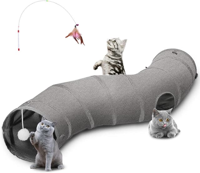 Detalle de Ownpets Cat Tunnel S-Shape with Hanging Balls (25 x 120cm) – Foldable Oxford Play Tube for Indoor Kittens