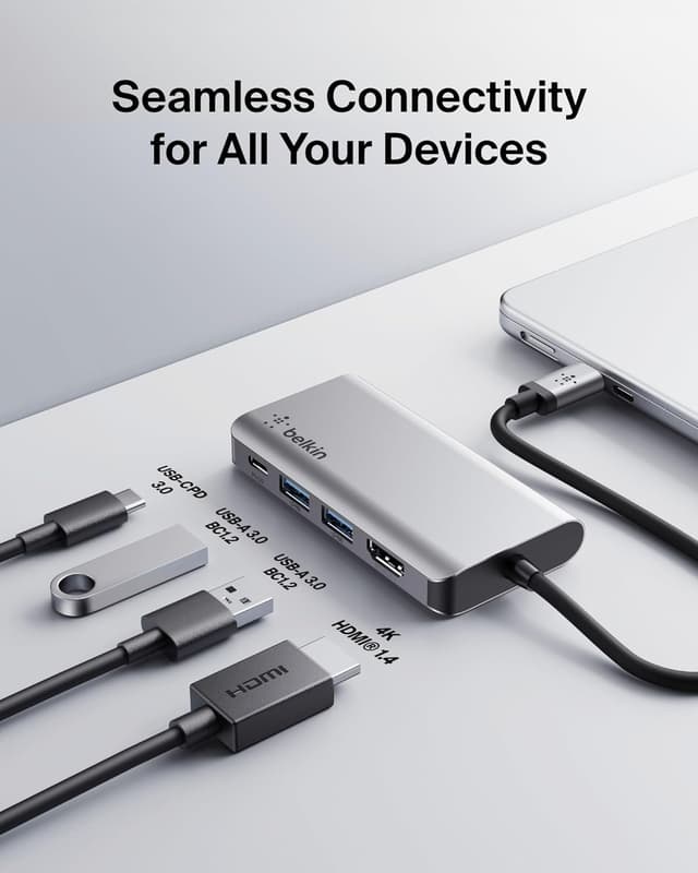 Detalle de Belkin Hub USB-C 4 en 1 noir : adaptateur multiport avec HDMI 4K et USB-A 3.0