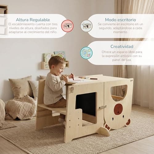 Detalle de Buddy Baby Xperimenta: torre de aprendizaje Montessori de madera maciza (2 en 1) con escritorio y taburete