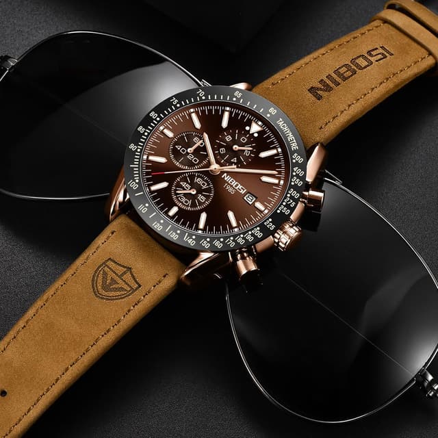 Detalle 2 de NIBOSI orologio da uomo analogico al quarzo cronografo con data, impermeabile 3 ATM e cinturino in pelle