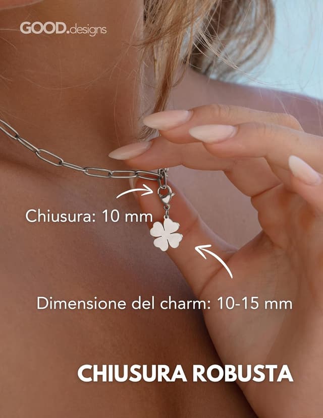 Detalle de GD GOOD.designs charm in acciaio inox 316L con chiusura a moschettone per bracciali a maglie (ipoallergenico, impermeabile)