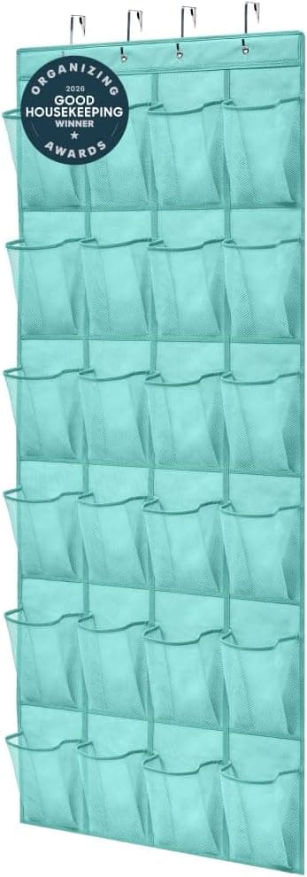 Detalle de Gorilla Grip Large Over-the-Door Shoe Organizer with Breathable Mesh (24 Pockets) — Up to 40 lb, Turquoise (1-Pack)