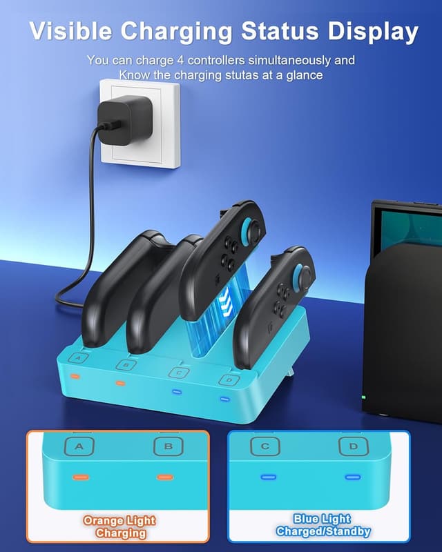 Detalle de WAXITY 8-in-1 Controller Ladestation für Nintendo Switch 2/1/OLED – magnetisch & mit LED-Anzeige (Blau)