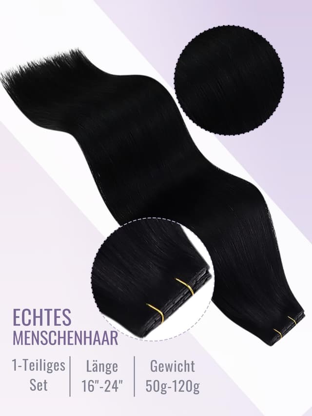 Detalle de fshine Echthaar Tressen Schwarz (Butterfly Weft) 60 cm, 100 g – ultradünne PU-Tresse für nahtlosen Look