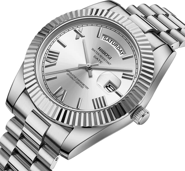 Detalle 2 de NIBOSI orologio da uomo analogico al quarzo in acciaio inox oro rosa/argento, impermeabile 3 atm con giorno e data