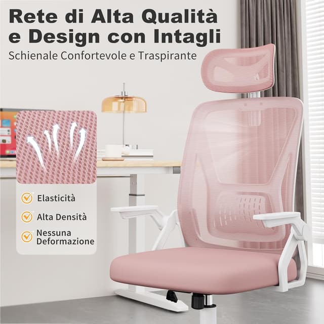 Detalle de naspaluro Sedia da Ufficio rosa con braccioli ribaltabili, poggiatesta e schienale in rete traspirante