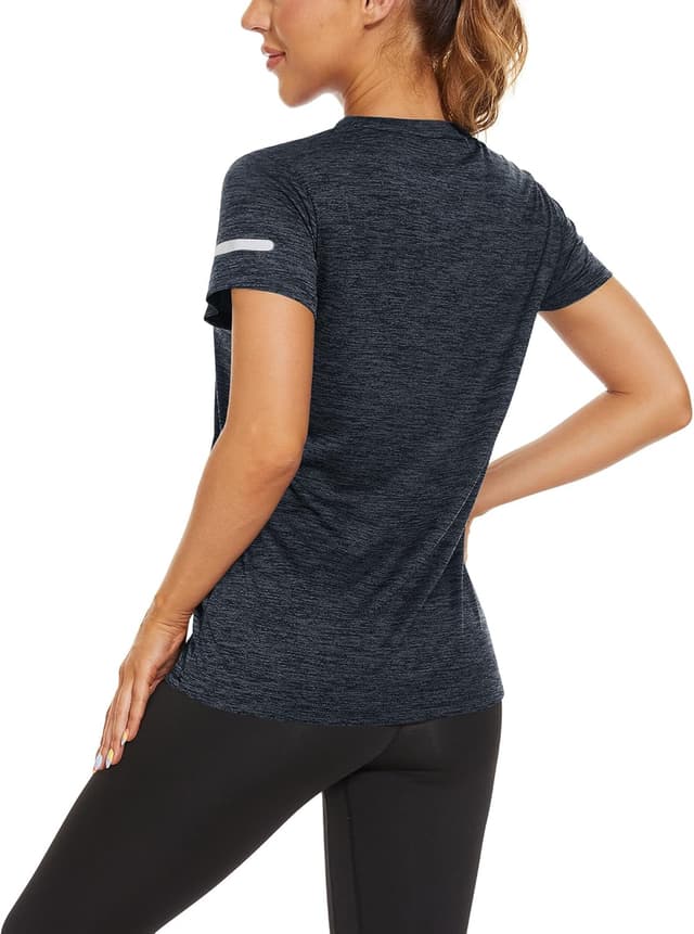 Detalle de KEFITEVD Melange Sportshirt Damen Kurzarm mit Reflexstreifen – atmungsaktives Stretch Funktionsshirt