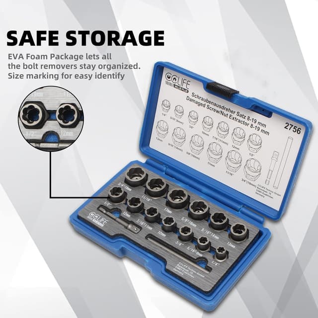 Thumbnail 6 de CCLIFE coffret 15 douilles extracteurs pour boulons et écrous endommagés (Cr-Mo, 8 à 19 mm) entraînement carré 3/8
