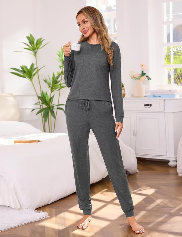 Detalle de Ensemble de pyjama femme Marvmys en coton 95% : manches longues d’hiver, col rond et poches (S à 3XL)